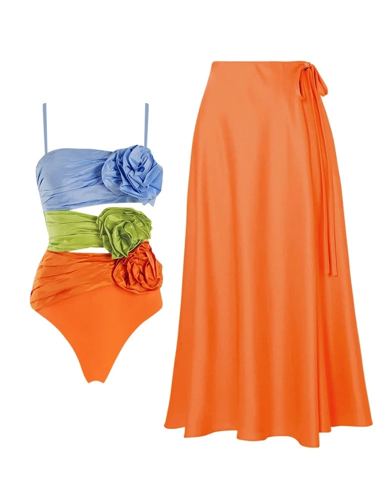 Spaghetti Strap Floral Cutout Colorblock Set