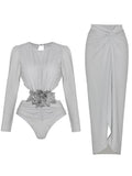 Silver Glossy Long Sleeve One-Piece Swimsuit