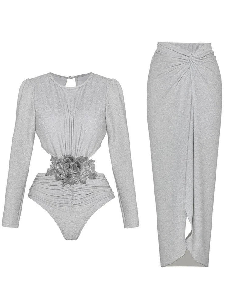 Silver Glossy Long Sleeve One-Piece Swimsuit