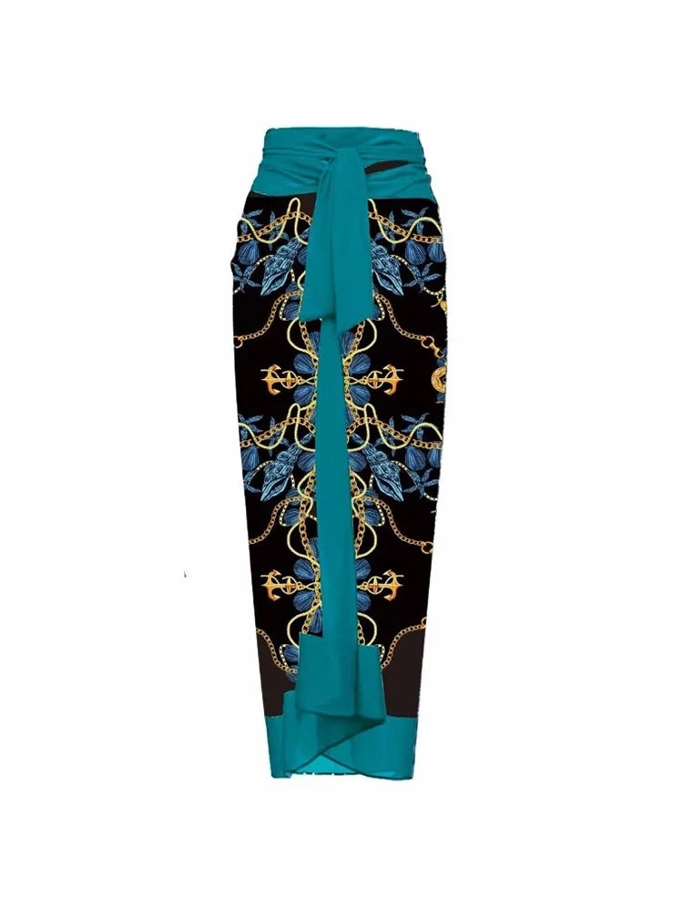 3D Blue Floral Print One-Piece Swimsuit Set