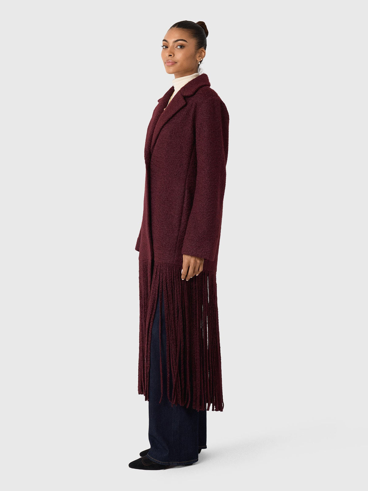 Bordeaux Long Fringe Statement Coat