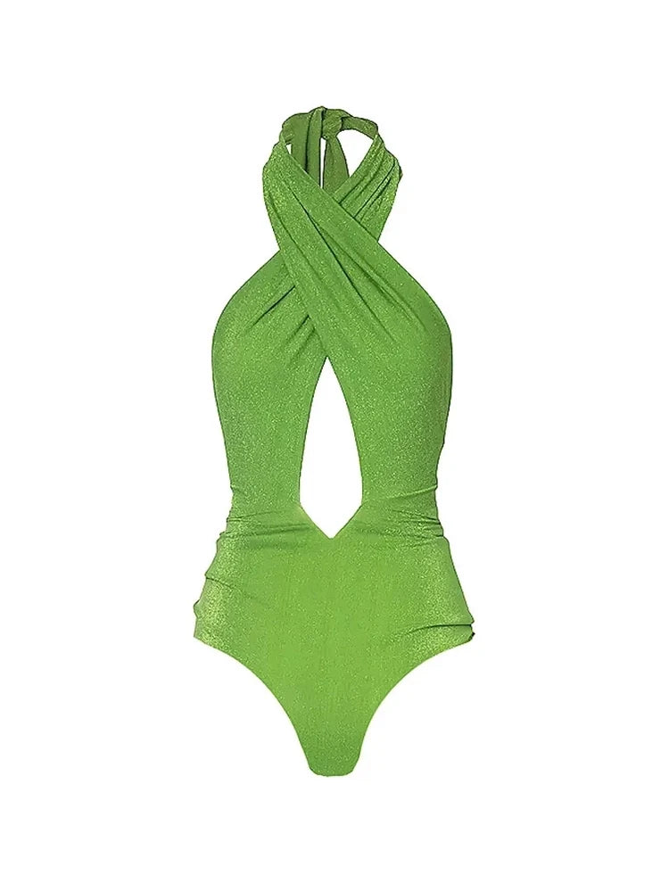 Sparkling Fabric Halter Neck Sexy Swimsuit Set