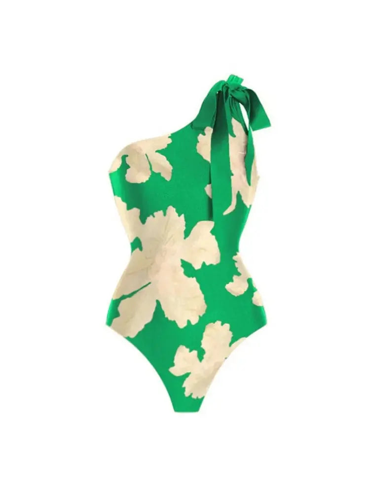 Belted Printed Swimsuits with Wrap Skirt Set
