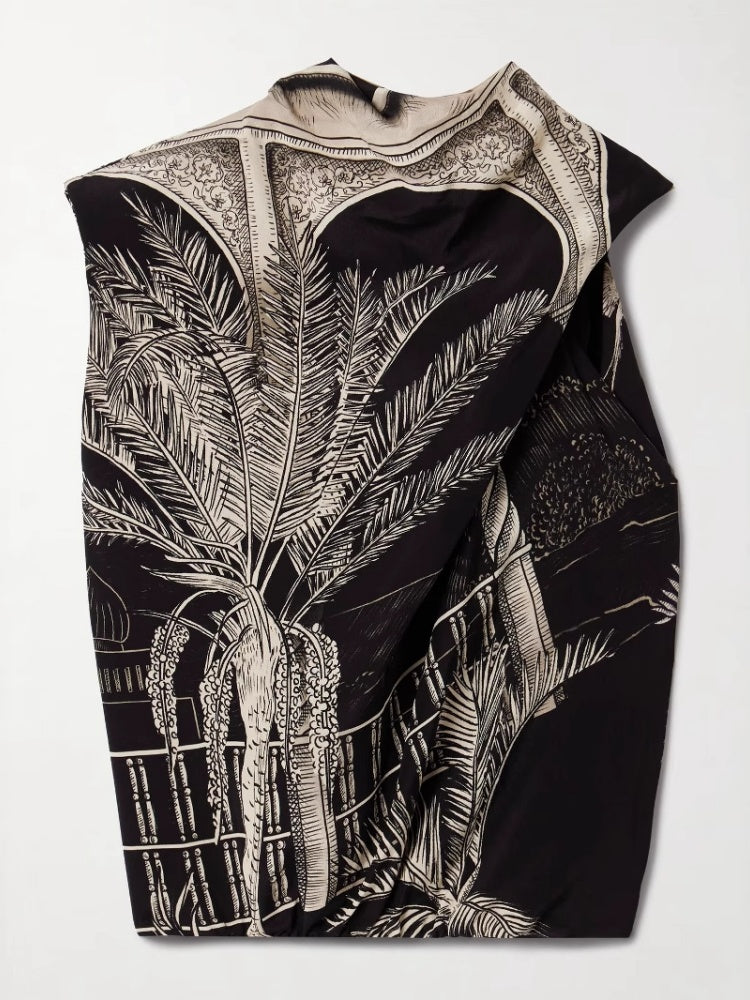 Satin Palm Tree Print Top and Midi Skirt Set