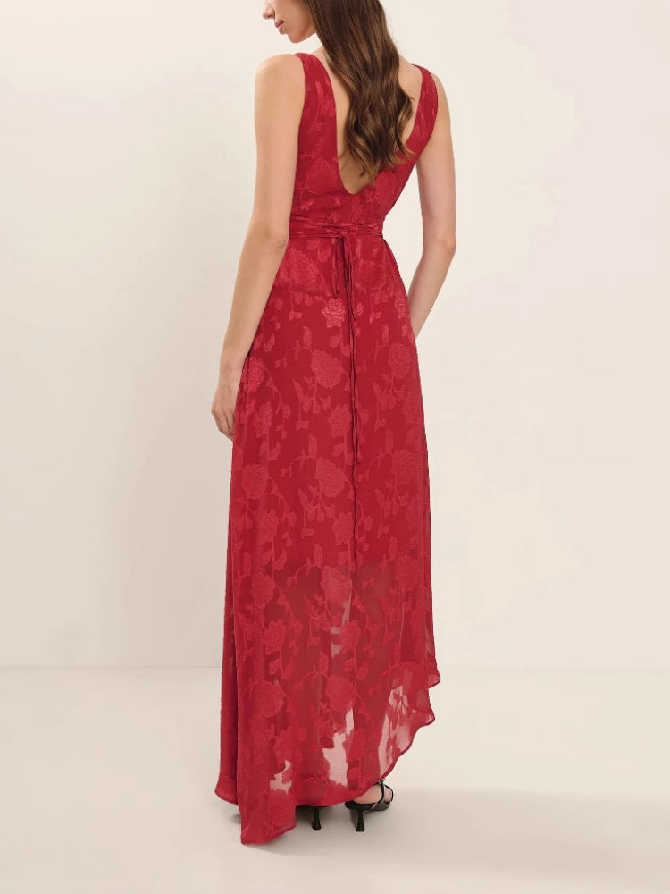 leeveless Lace Backless Jacquard High-Waist Maxi Dress