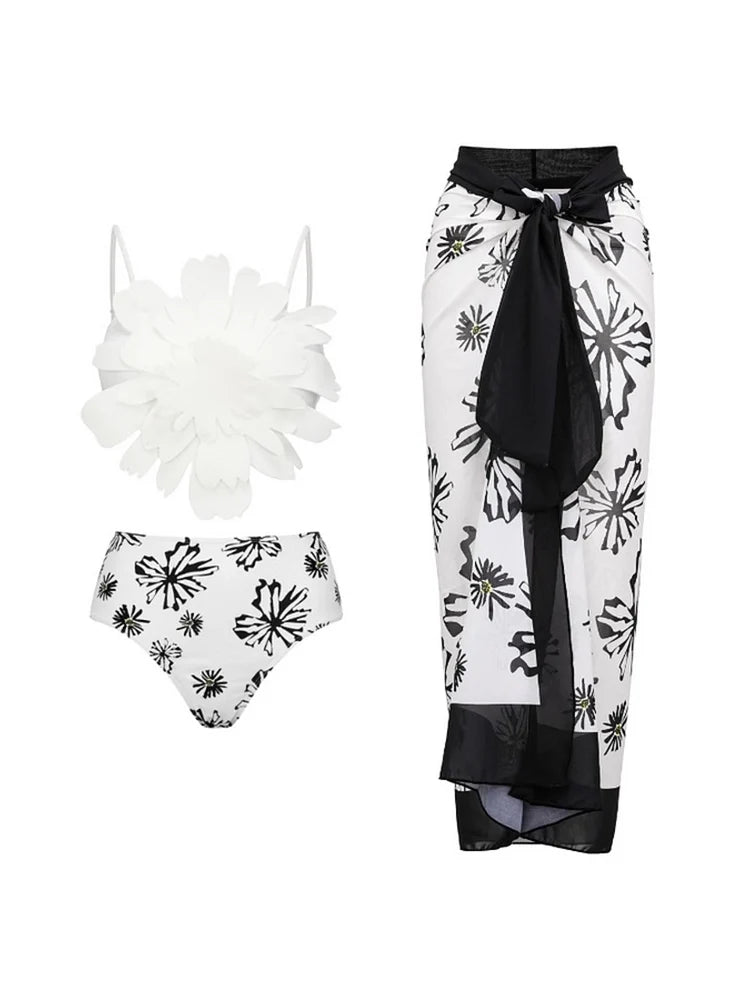 Floral Trim White Printed Bikini Set