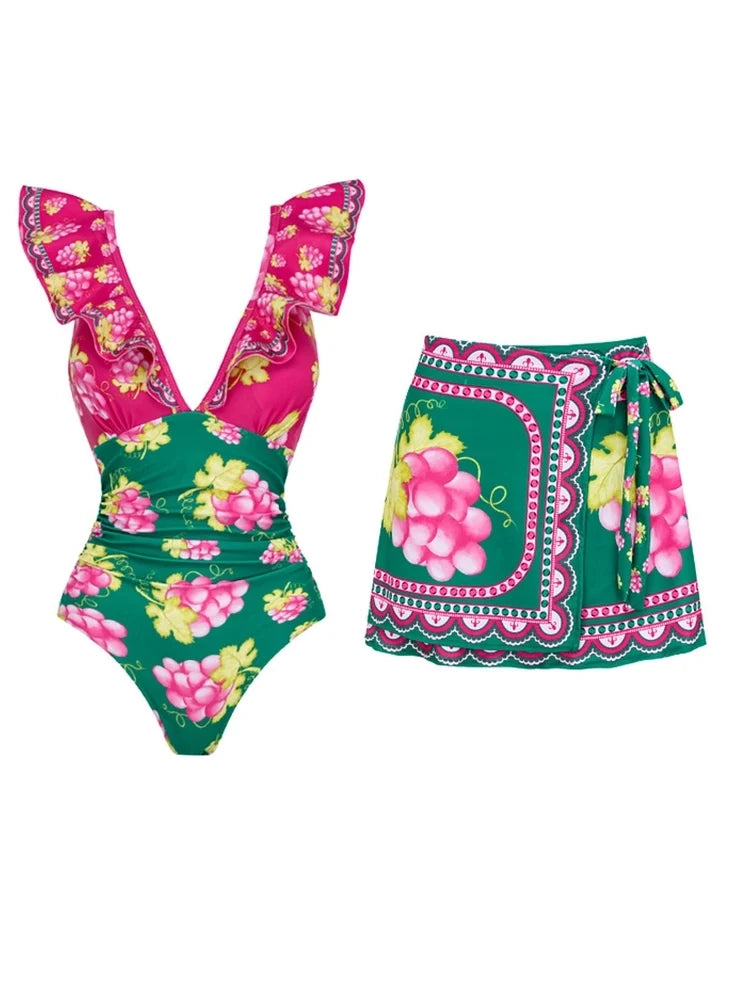 Ruffled Ruched One-Piece Short skirt Set