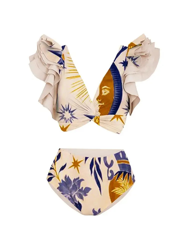 Ruffled Ethnic Print Bikini Set for Women