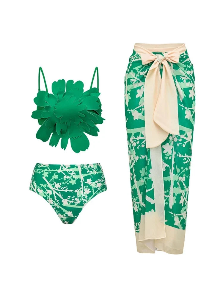 Floral Accent Green Printed Bikini Set