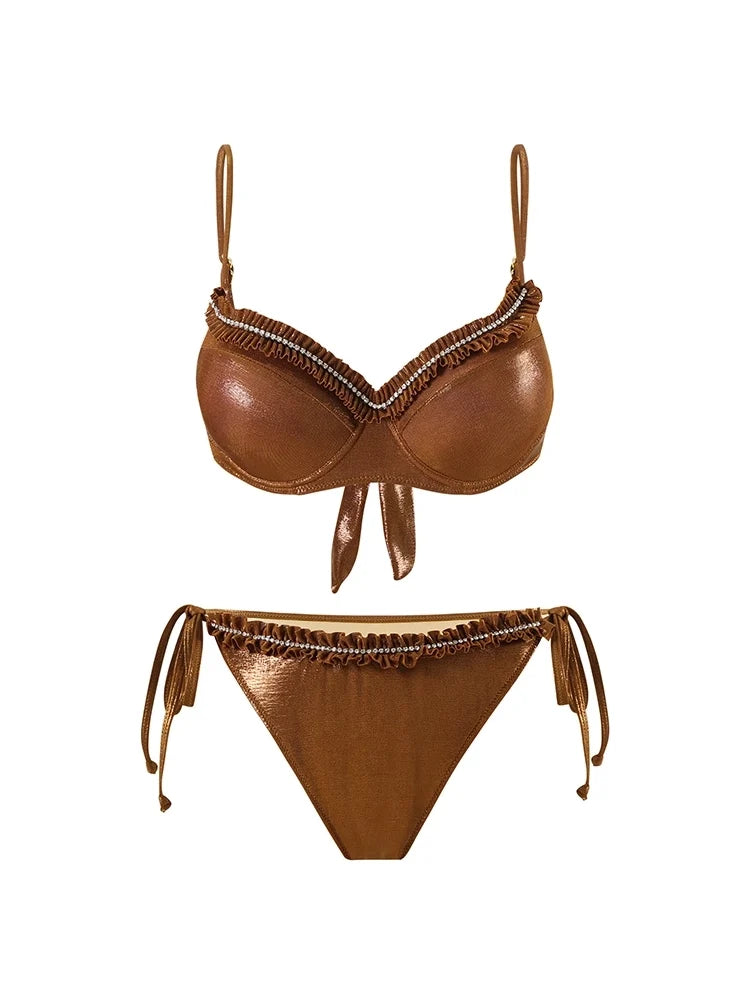 Ruched Tie Brown Glossy Bikini Set