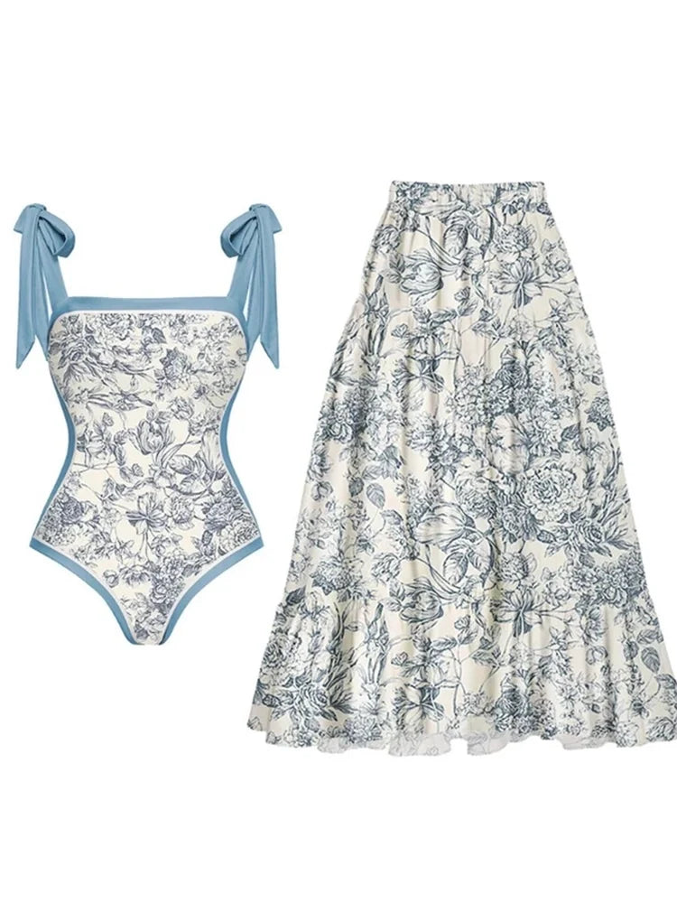 Reversible Tie Back Swimsuit and Skirt Set