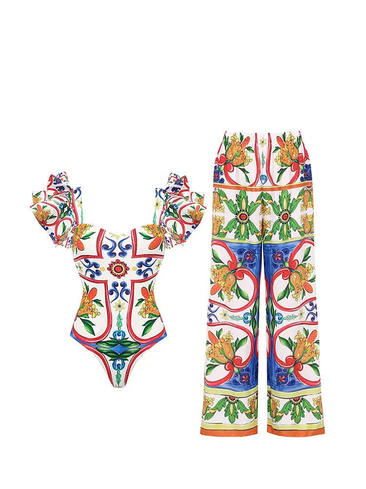 Ruffle Enamel Floral Print Swimsuit Set