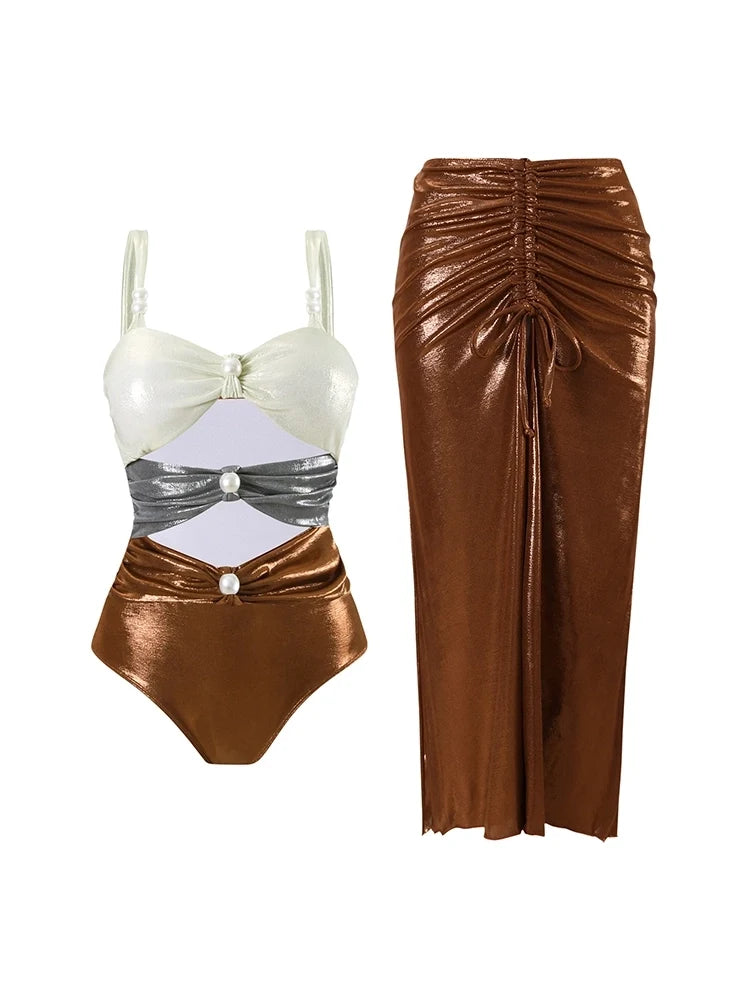 Pearl Cutout Glossy Colorblock Swimsuit Set