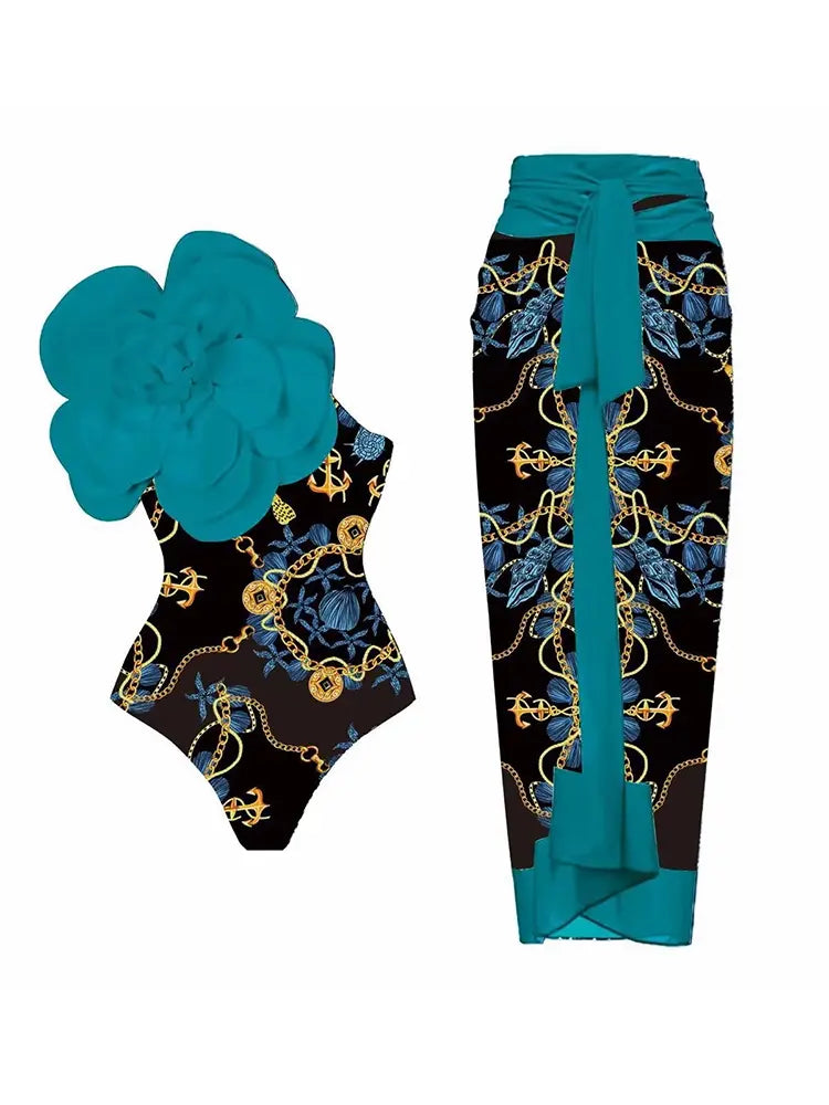 3D Blue Floral Bust Decor Printed Swimsuit