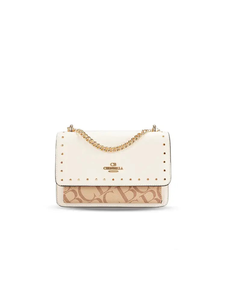 Studded Letter Print Chain Top Handle Bag