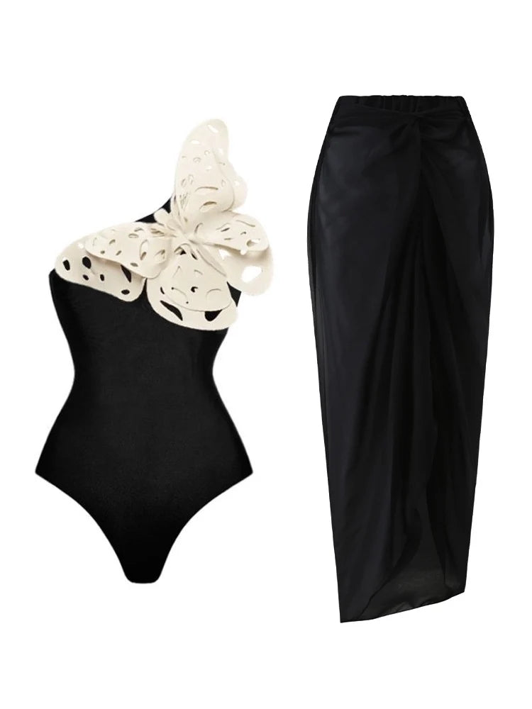 3D Butterfly Decor Black Swimsuit Set