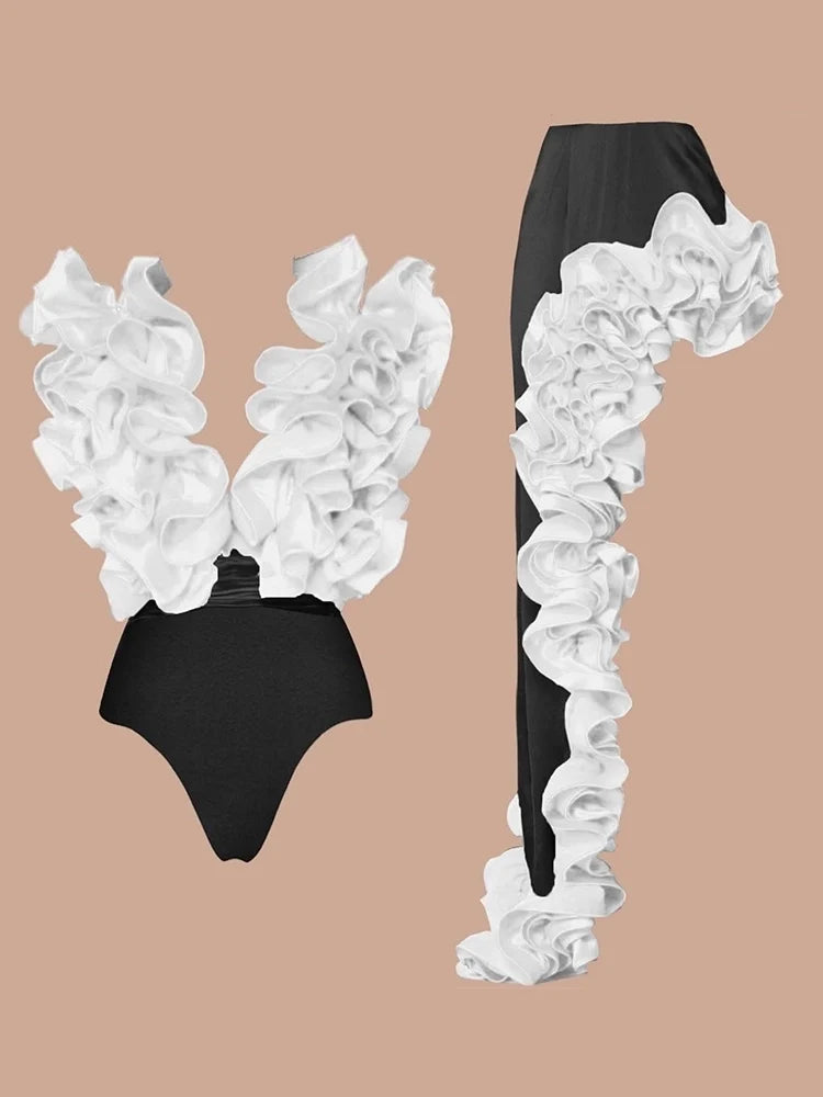 Ruffled V-Neck Mixed Colors Swimsuit Set