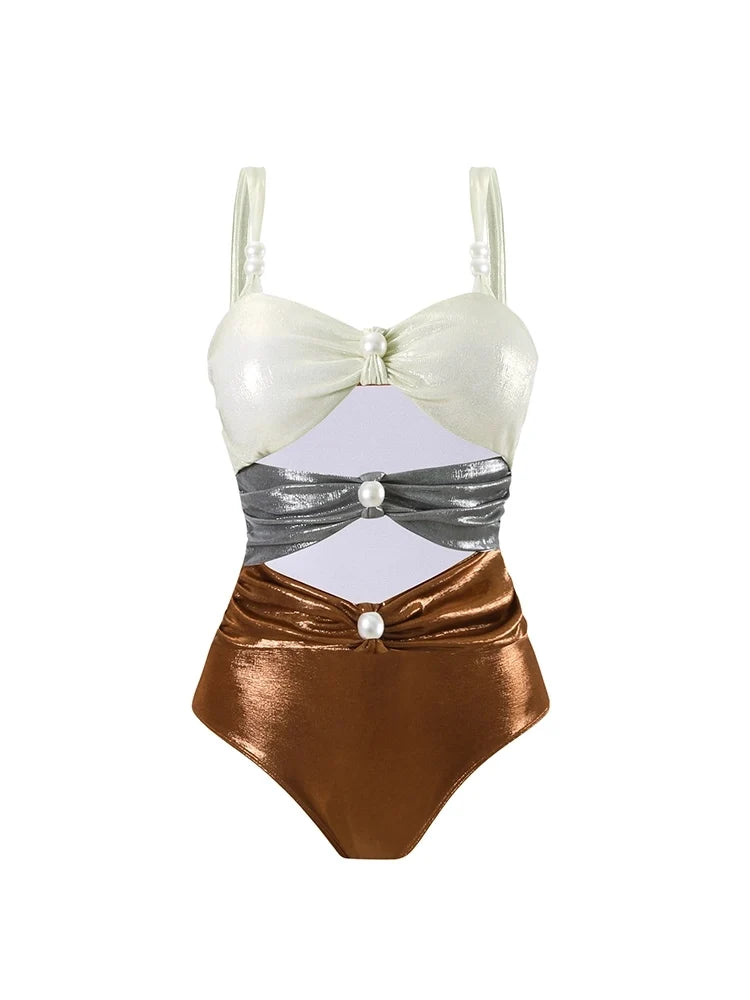 Pearl Cutout Glossy Colorblock Swimsuit Set