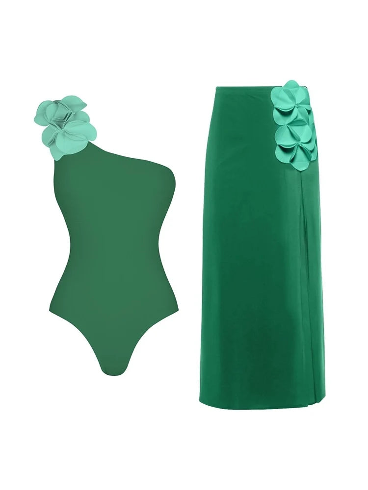 Green One-Shoulder 3D Floral Swimsuit