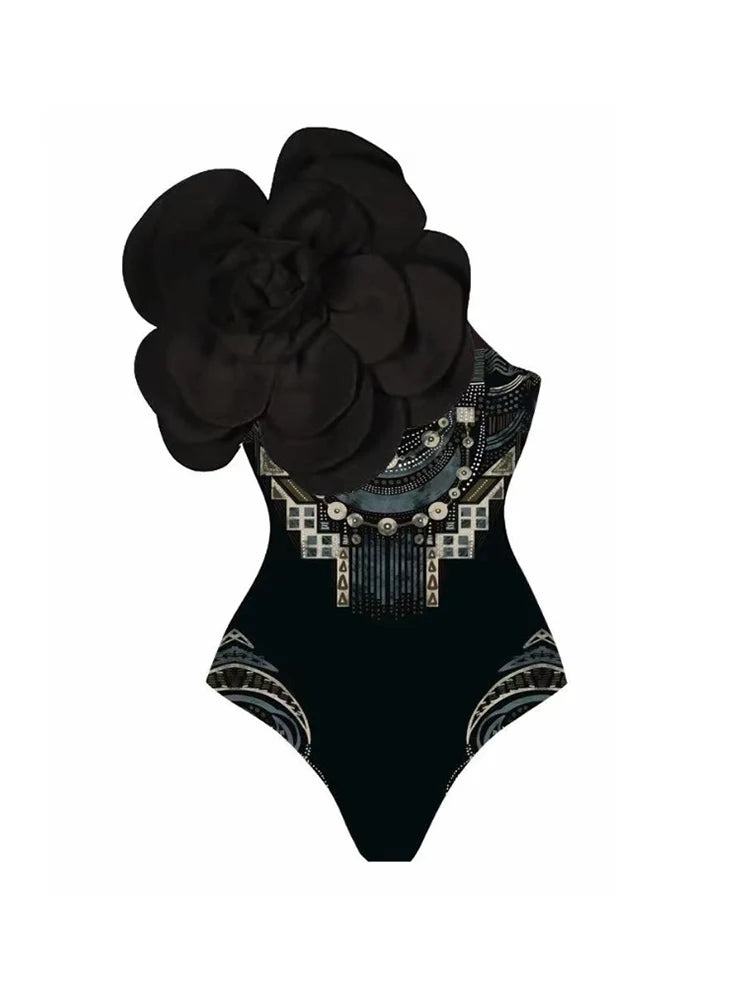 Floral Print One-Piece with 3D Black Flower