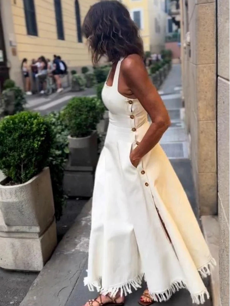Boho Fringed White Maxi Dress with Pockets
