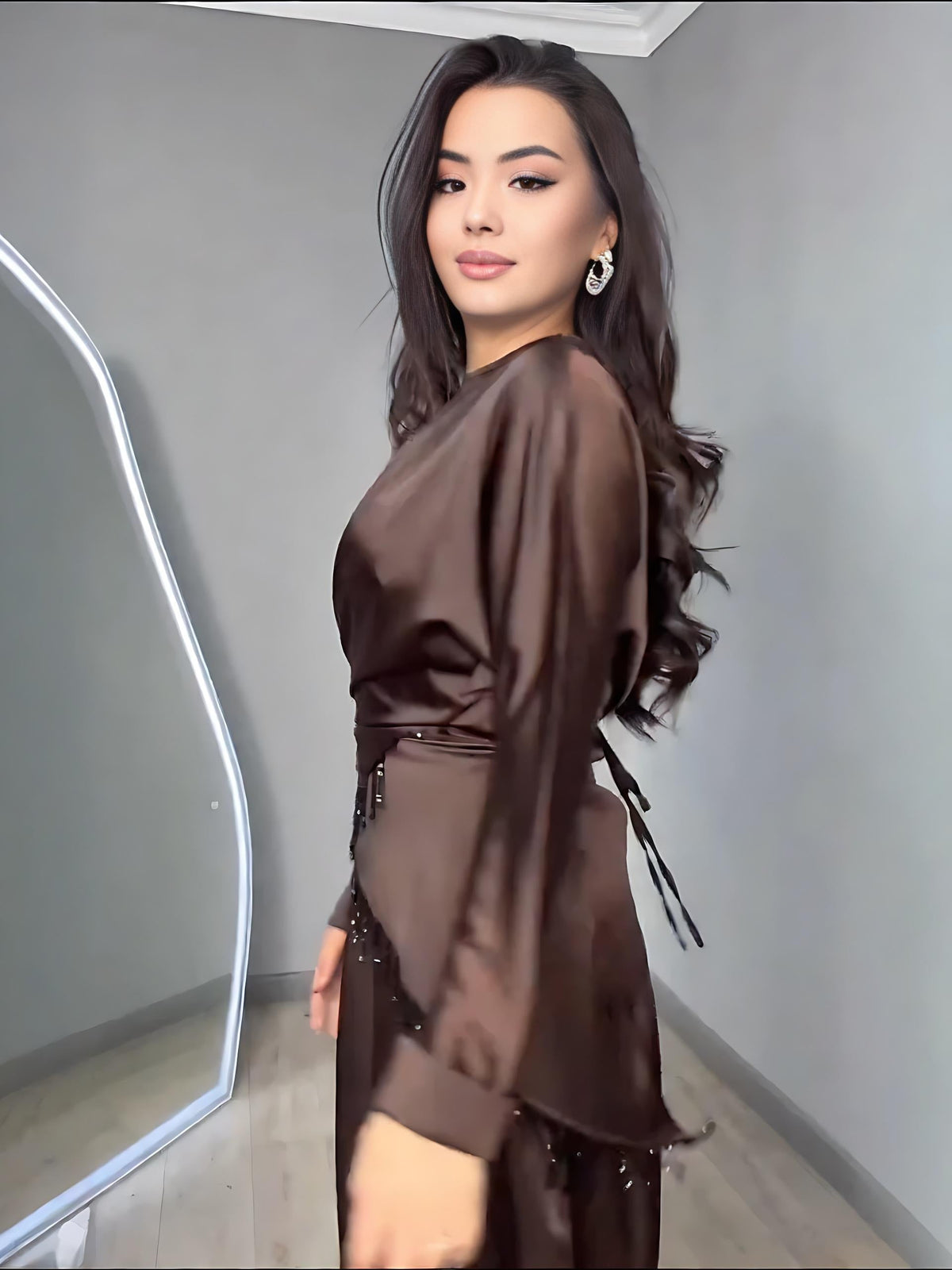 Chocolate Satin Dress & Beaded-Fringe Overlay Set