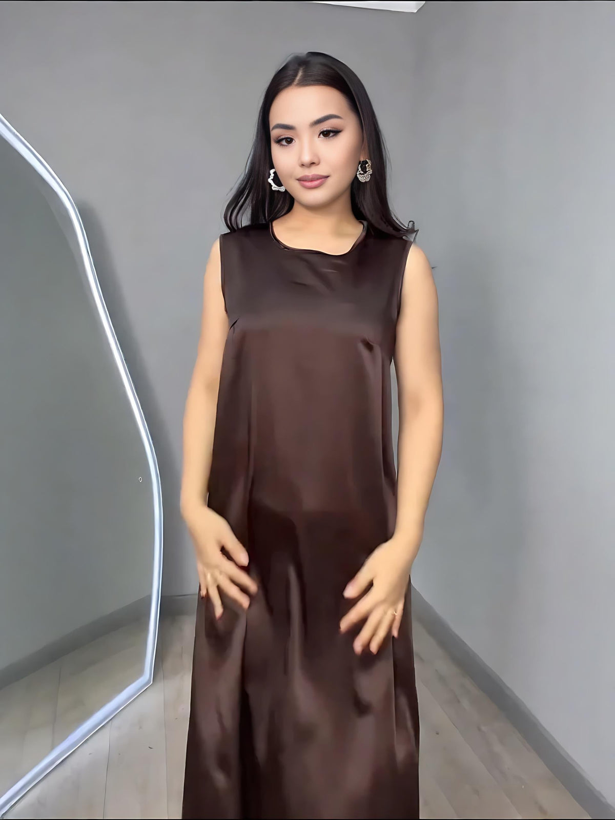 Chocolate Satin Dress & Beaded-Fringe Overlay Set