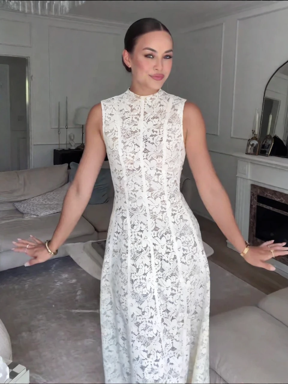 Sleeveless High-Neck Lace Dress