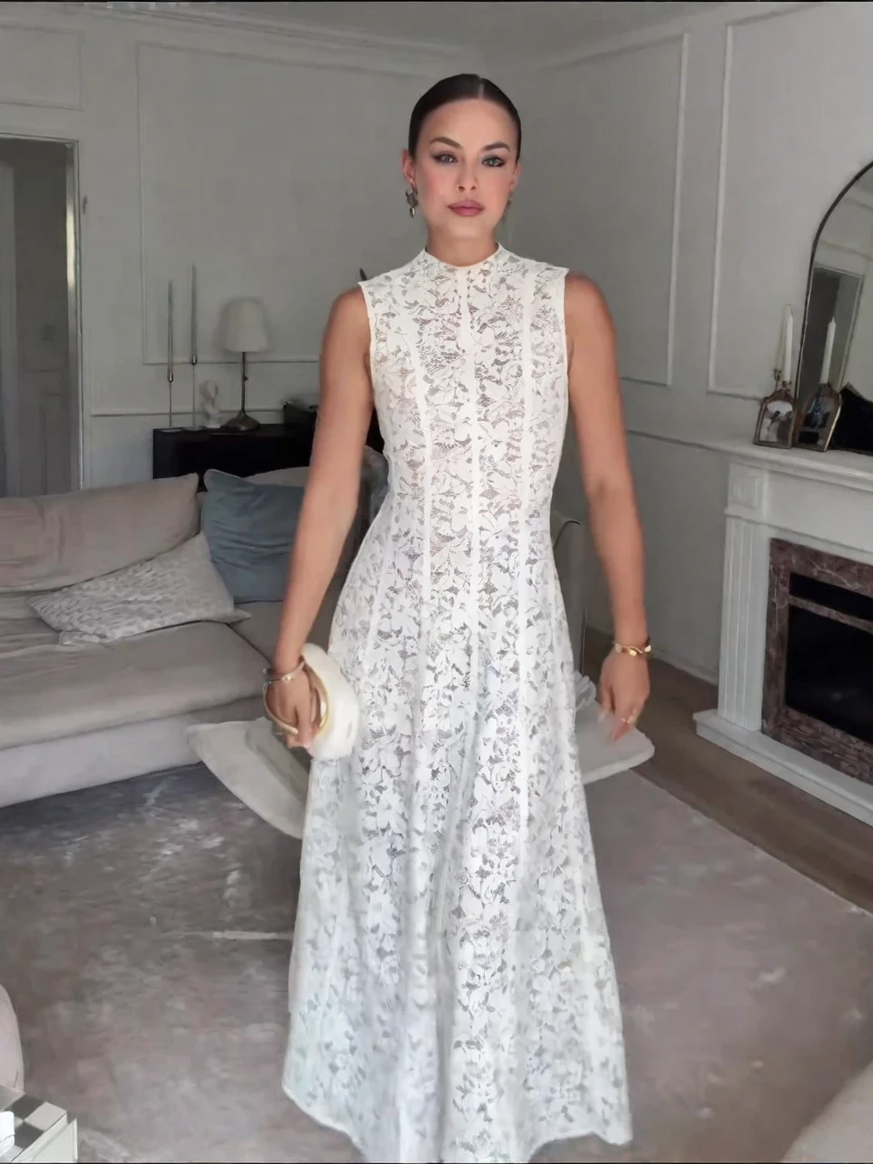 Sleeveless High-Neck Lace Dress