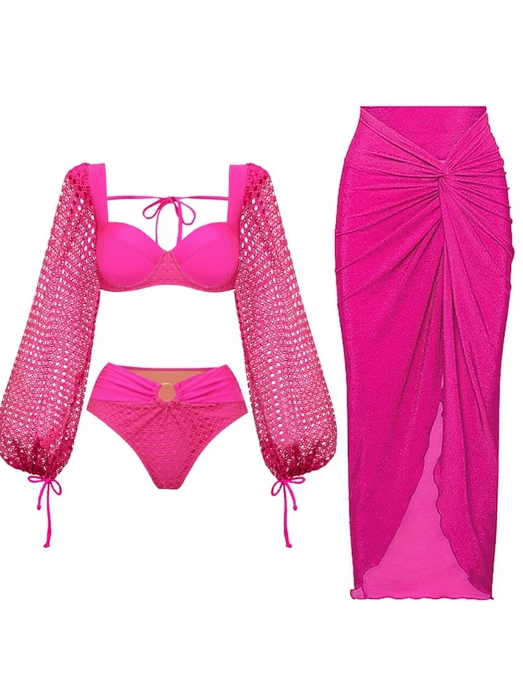 Fluorescent Pink Backless Swimsuit Set