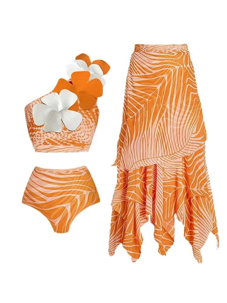 One-Shoulder Floral Salmon Print Bikini Set