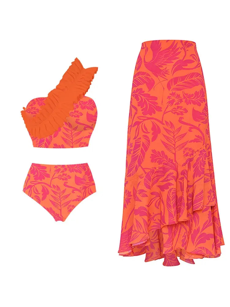 One Shoulder Ruched Print High Waist Bikini Set