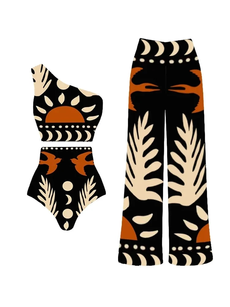 Printed One Piece Swimsuit and Bikini Set