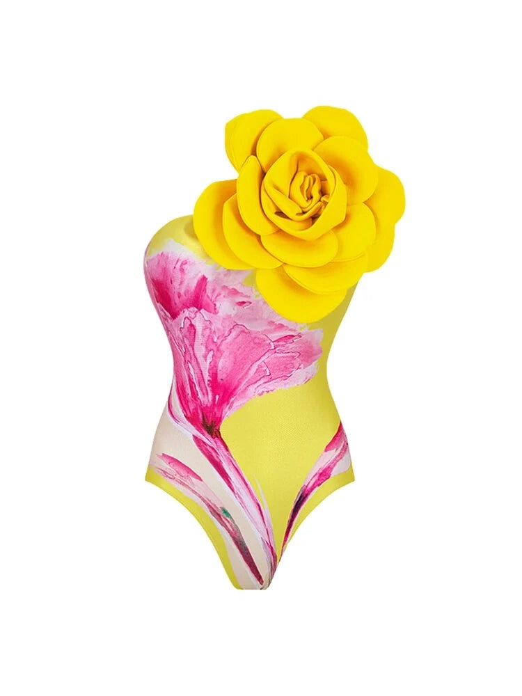 Floral Print Swimsuit with 3D Flower Detail