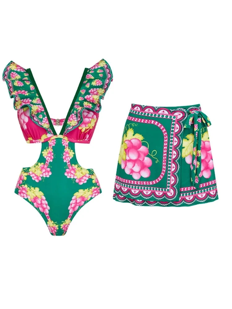Ruffle Cutout One-Piece Short skirt Set