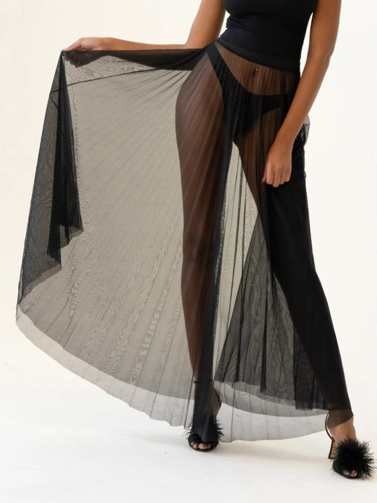 Cozy Turtleneck Sweater with Sheer Mesh Midi Skirt Set