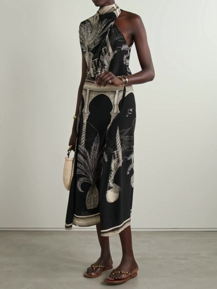 Satin Palm Tree Print Top and Midi Skirt Set