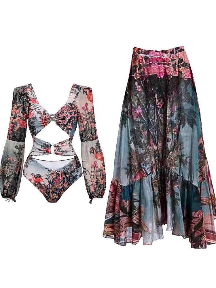 Vintage Print Cutout Swimsuit with Long Sleeves