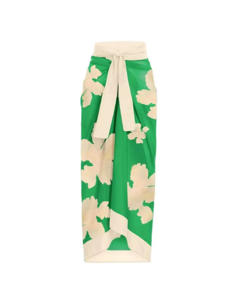 Belted Printed Swimsuits with Wrap Skirt Set