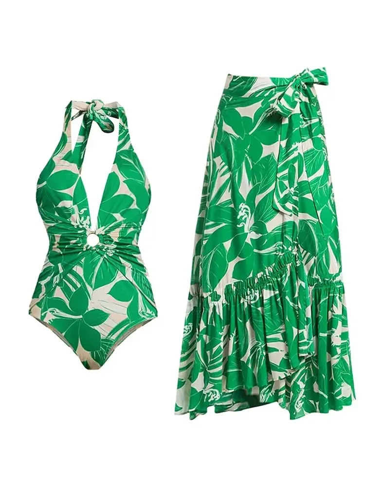 Green Halter Deep V One-Piece Swimsuit Set