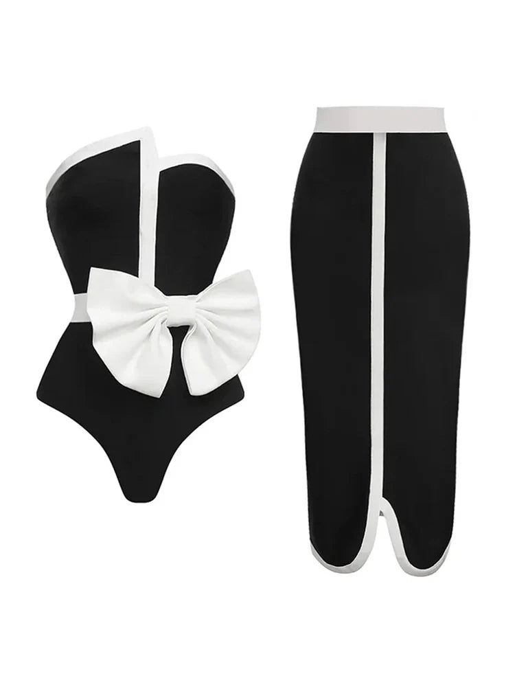 Strapless Colorblock Bow One-Piece Swimsuit