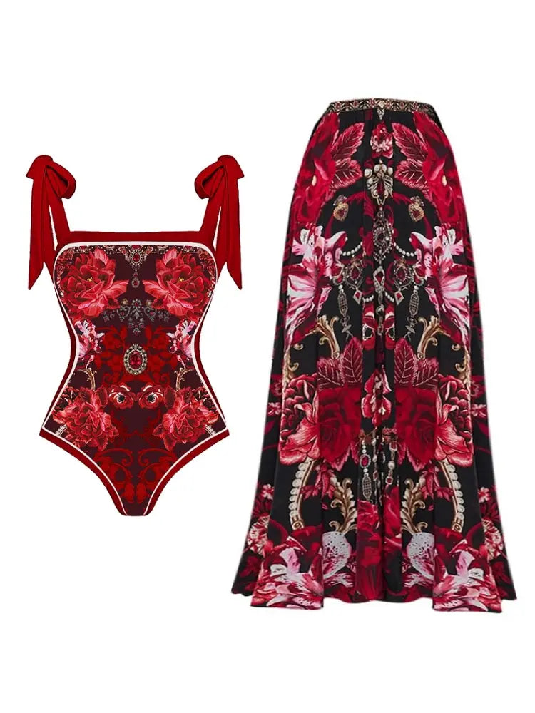 Red Floral Bow Tie Swimsuit Set