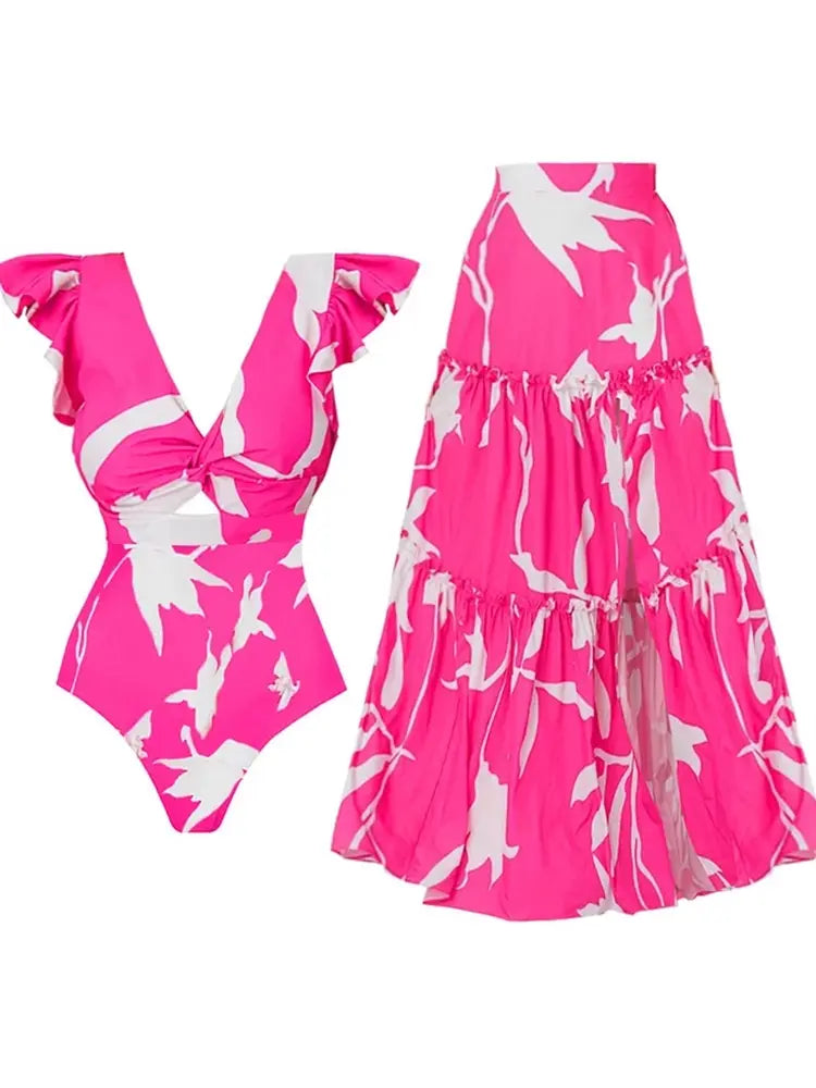 V Neck Ruffle Printed One Piece Swimsuit Set