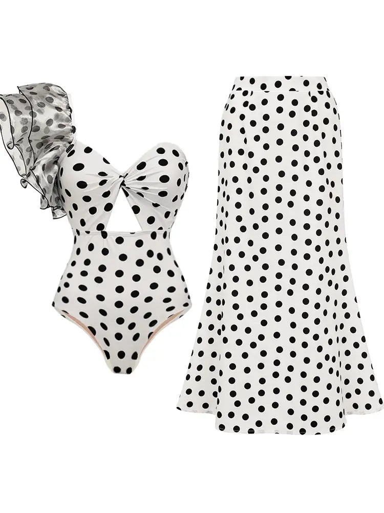 Polka Dot Ruffle Vintage Swimsuit Vacation Set