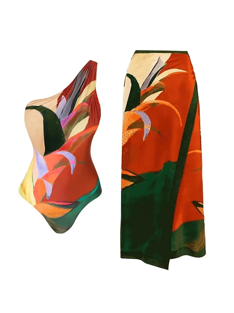 One Shoulder Holiday Floral Swimsuit Set