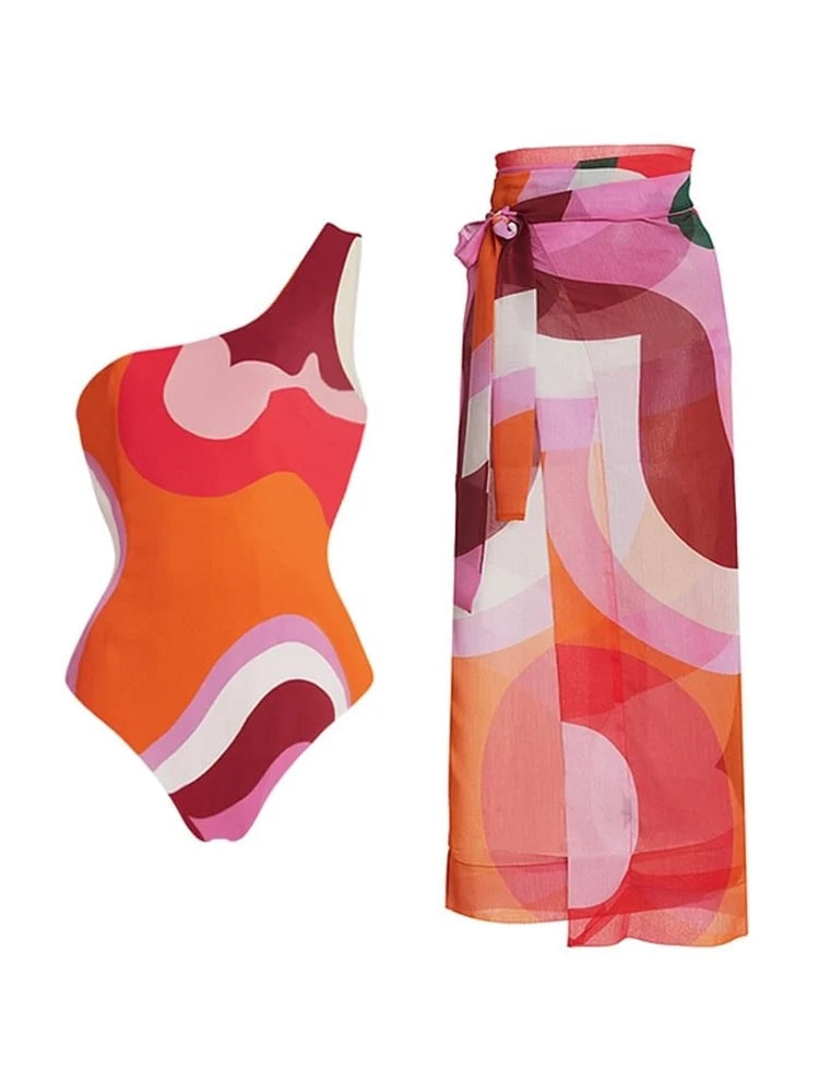 Geometric Print One Piece Swimsuit Set