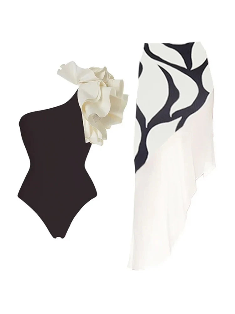One Shoulder Ruffle Layer Retro Swimsuit