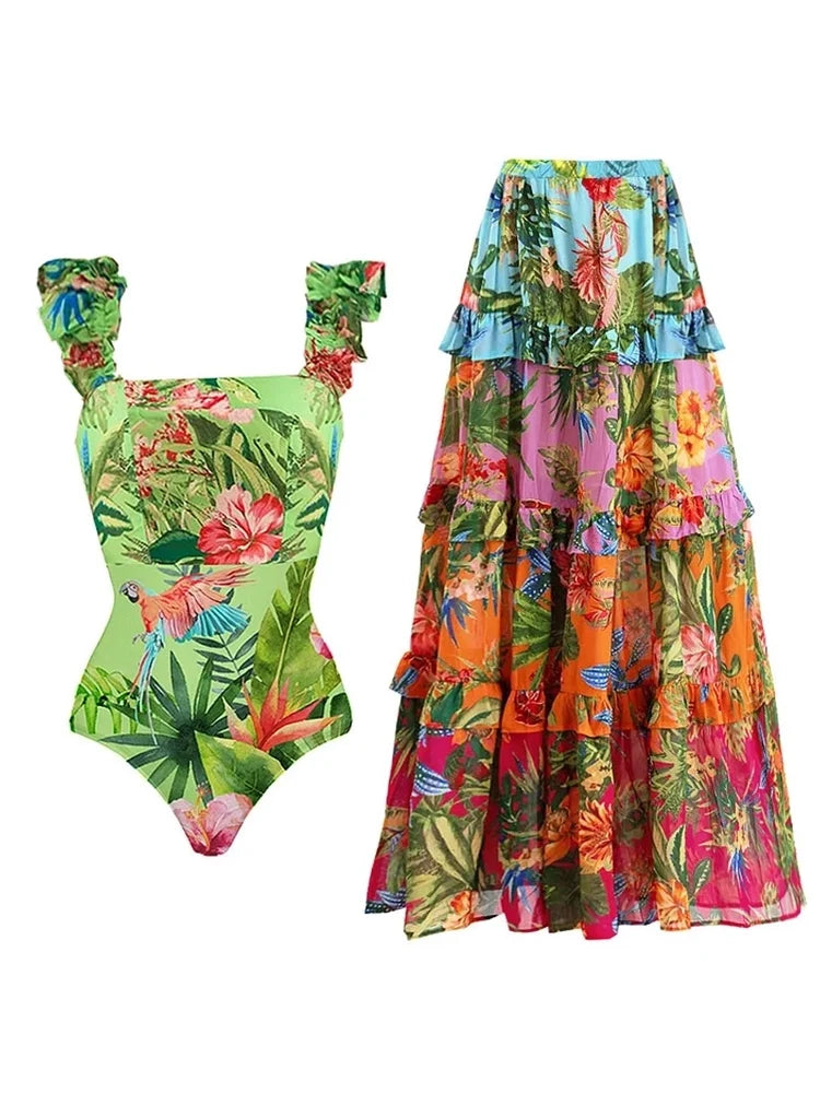 Vacation Print One Piece Swimsuit Set