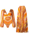 V-Neck Long Sleeve Printed Swimsuit Set