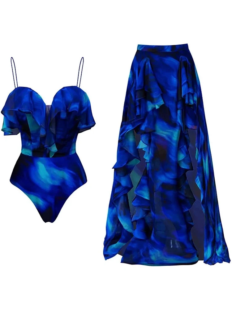 Ruffle One Piece Swimsuit Beach Vacation Set